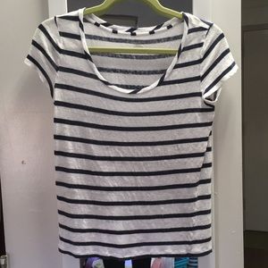 Navy and white striped low cut neck line
